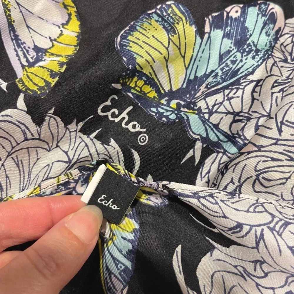 Echo Silk Scarf Butterfly Floral Print Black‎ Yellow Blue Women's Accessory